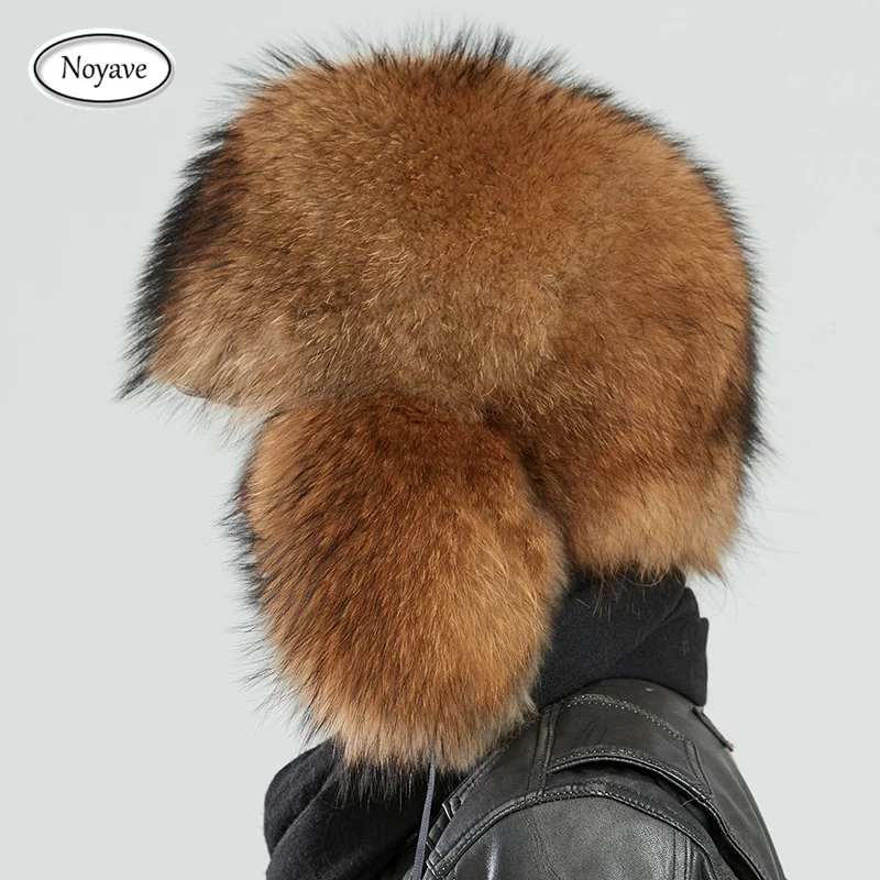 Luxury Fur Hats for Men\'s Lei Feng Cap Aviator Bombr Warm Cap Man Aki Hats 100% Fox/Raccoon Fur Hat Caps Real Leather