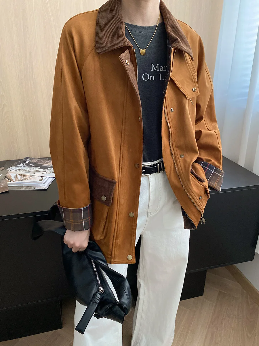 

Imitation suede contrasting corduroy lapel plaid sleeve jacket jacket