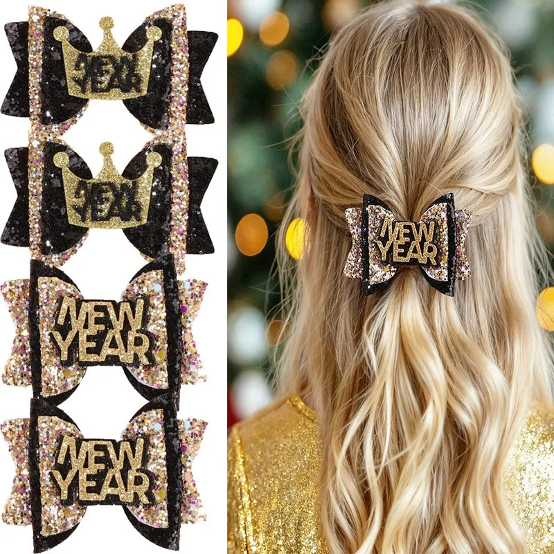 

24pcs Glitter Bow Hair Clips for Women And Girls Happy New Year Hairpins Barrettes Christmas Kids Headwear Bulk Pack