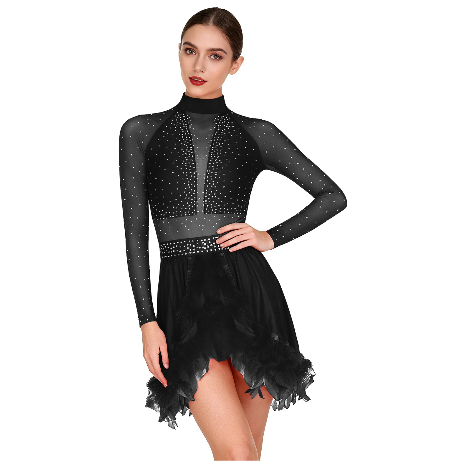 

Adults Women Lyrical Jazz Chacha Latin Dance Performance Dress Shiny Rhinestones Sheer Mesh Gymnastics Figure Skating Costumes
