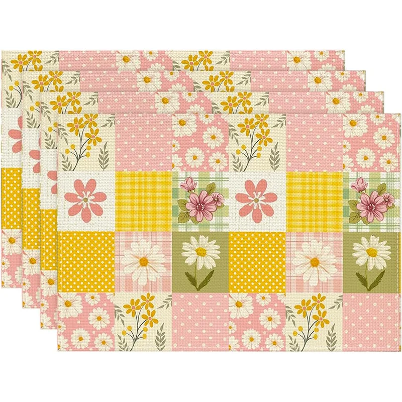 4 Stück, rosa und gelbe Gänseblümchen-Tischsets, waschbar, geeignet für Feiertagspartys, Heimdekoration, Küchentische, rechteckige Esszimmer, machen Ihr Esszimmer und Ihre Küche noch schöner, ein