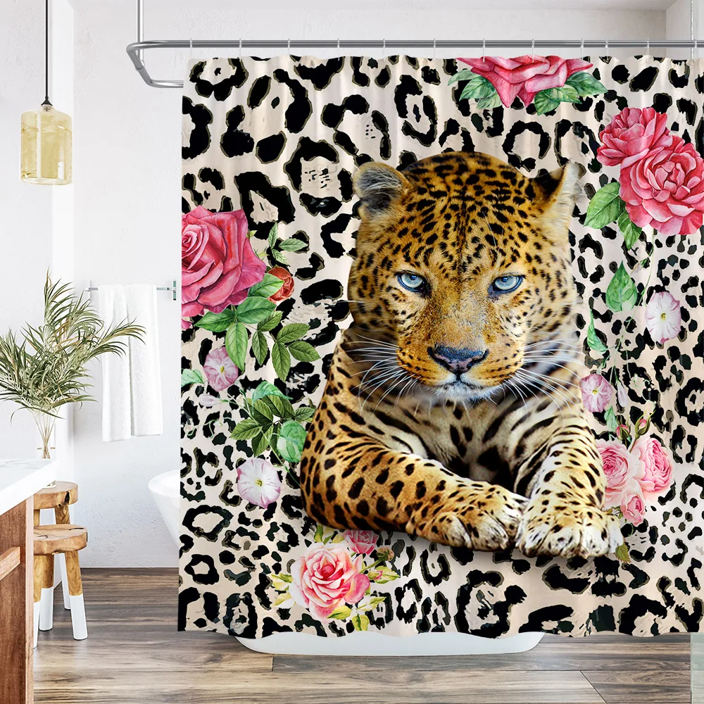 Tiger Flower Shower Curtain Leopard Skin Texture Background Animal Floral Design Home Decor Bath Curtain Polyester Fabric Hooks