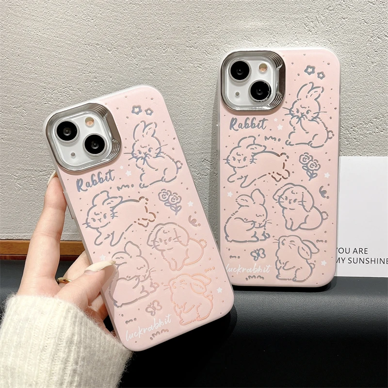 Advanced Silver Frame Foundation Make-up Hollow Line Rabbit Phone Case for IPhone 15 14 13 12 11 Pro Max High-quality Phone Case