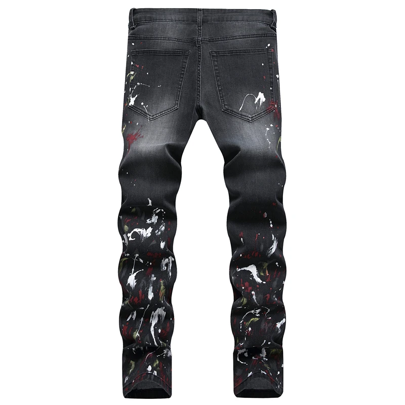 2023 New Spring Ripped Men's Jeans Mid-Waist Elastic Personality Slim Casual Trousers Fashion Splash-Ink Pencil Pants