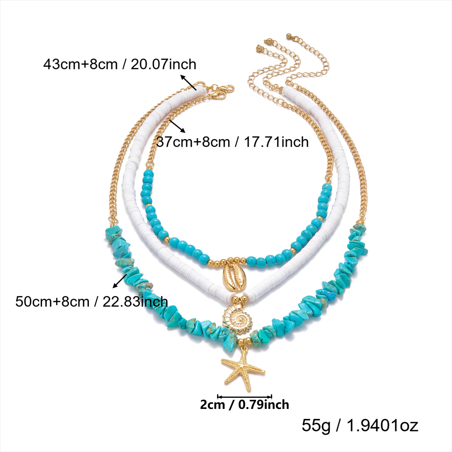 3-teiliges Set Bunte Unregelmäßige Kieselstein-Seestern-Anhänger Halsketten für Frauen Mehrschichtige Muschel-Halsketten Sommer-Strandschmuck – Detail 7