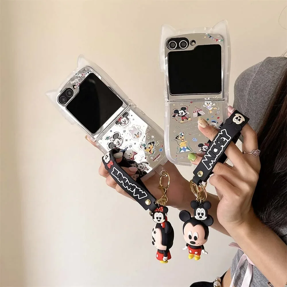 Cute Cartoon Mickey Minnie with Lanyard 3D Ear Cat Phone Case for Samsung Galaxy Z Flip 3 4 Z Flip 5 6 5G PC Back Cover Funda