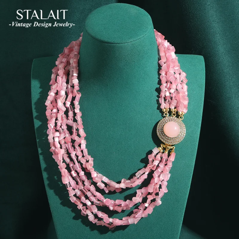 

Vintage Choker Pink Necklaces For Woman Twisted Gravel Chain Layered Gold Color Round Rose Quartz Accessories Party Wedding 2025