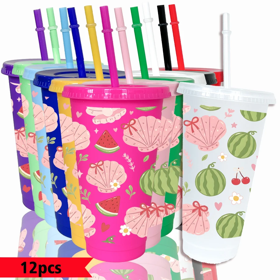 12pcs/pack Shell Watermelon Cherry Pattern 26oz Colored Plastic Party Cold Drink Cup for Back-to-school Birthday Gift