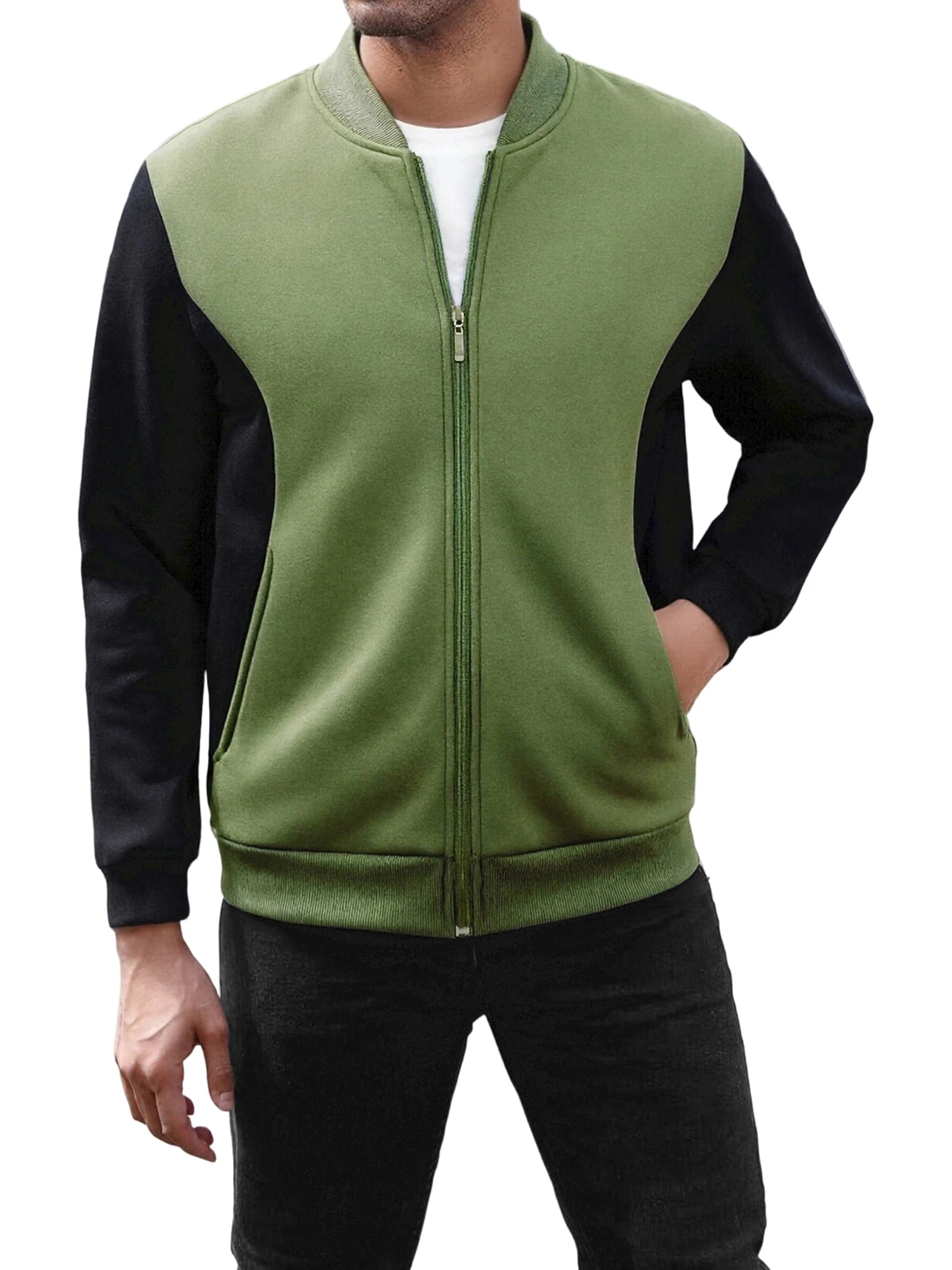 

Men Contrast Baseball Jacket Casual Stand Collar Zip-up Long Sleeve Coat with Pockets for Winter Fall