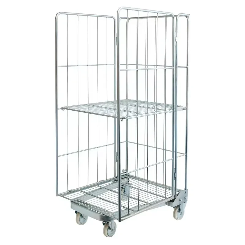 Heavy Duty Galvanized Steel Nesting Cage Trolley Foldable Warehouse Roller Cart With Shelving For Industrial Storage