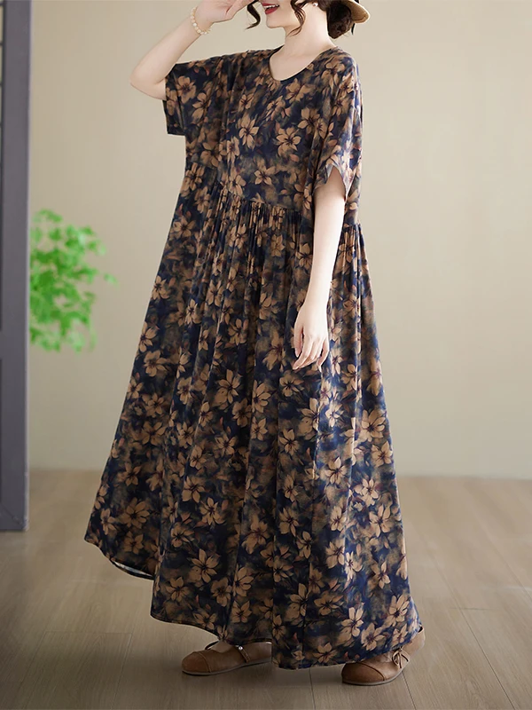 

Fashionable Large Size Summer New Print Dress with Pockets Short Sleeve round Neck Long Dress Cotton Casual Citywalk Dress