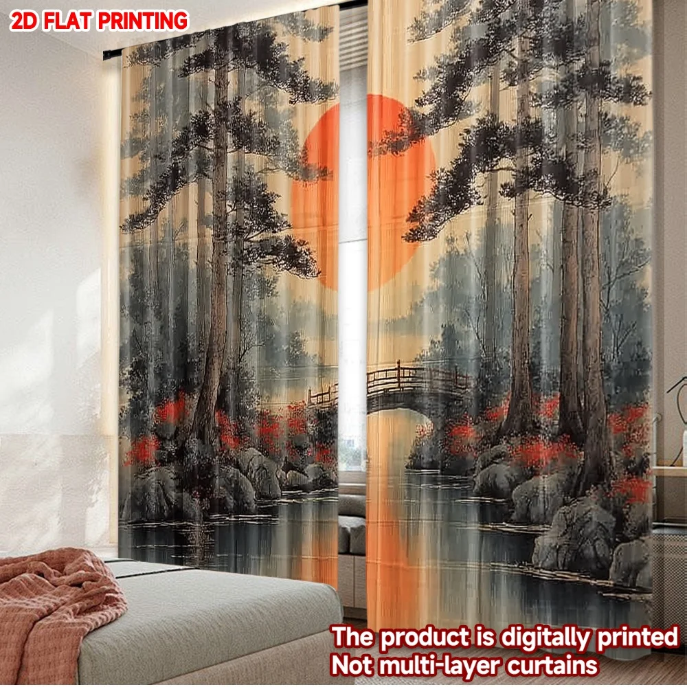 

2pcs Forest River Landscape Curtains Digital Printing, Scenic View with Stone Bridge Red Sun for Nature Themed Bedroom Decor