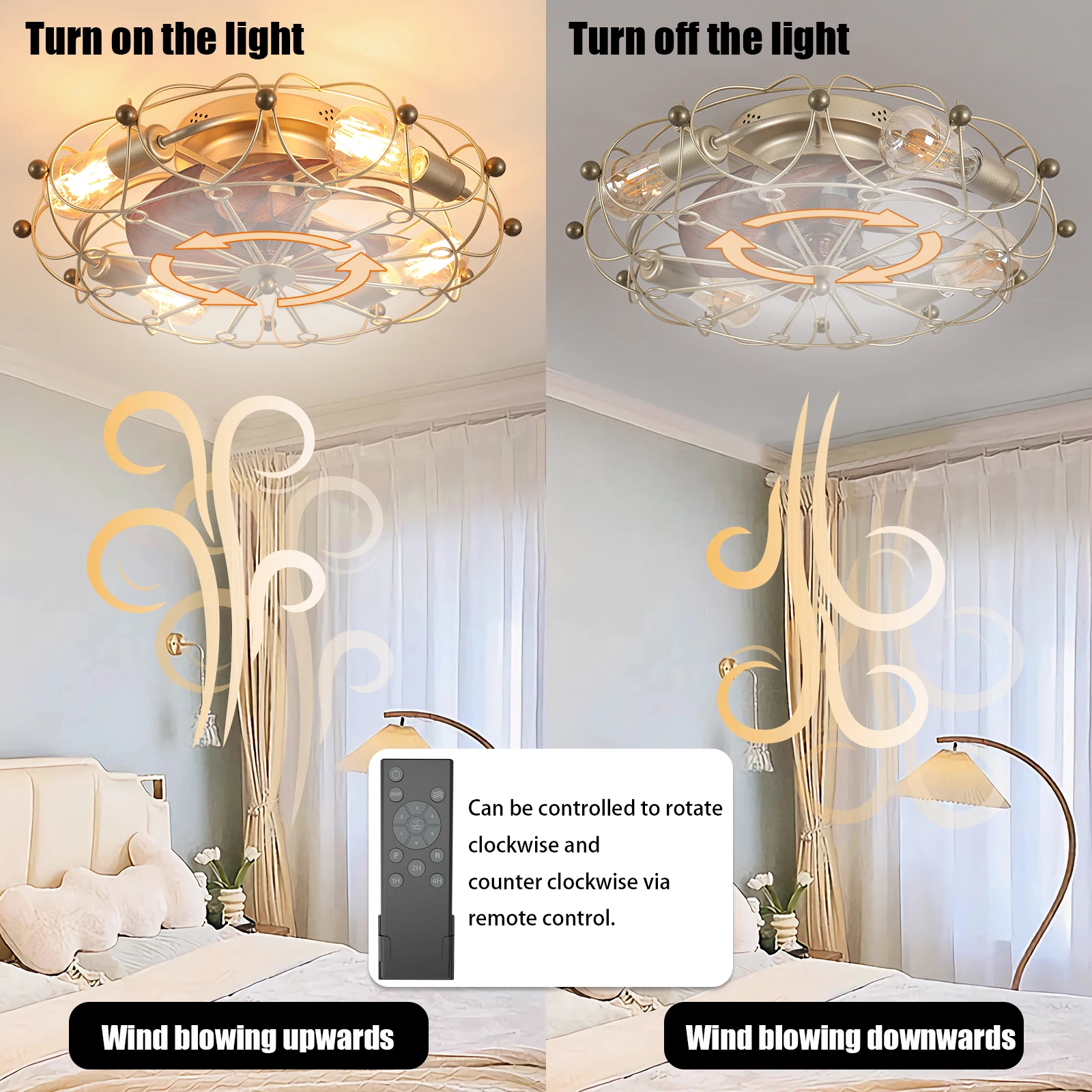 

Low Profile Caged Ceiling Fan with Lights Remote Control, Embedded modern industrial ceiling fan