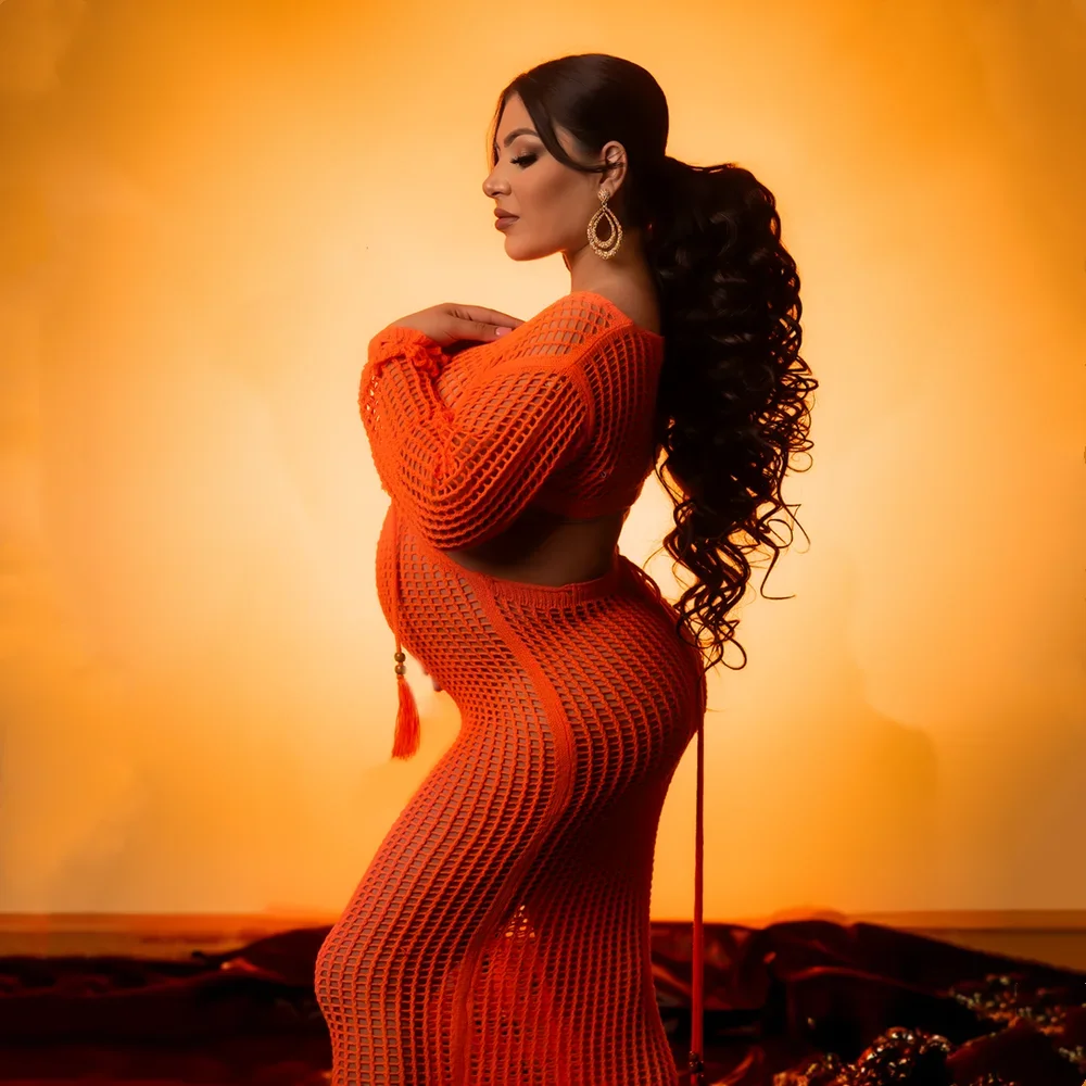 Fashion Sexy Pregnant Woman Photo Shoot Dress Orange Hollow Out Full Sleeve Maternity Photography Long Dress