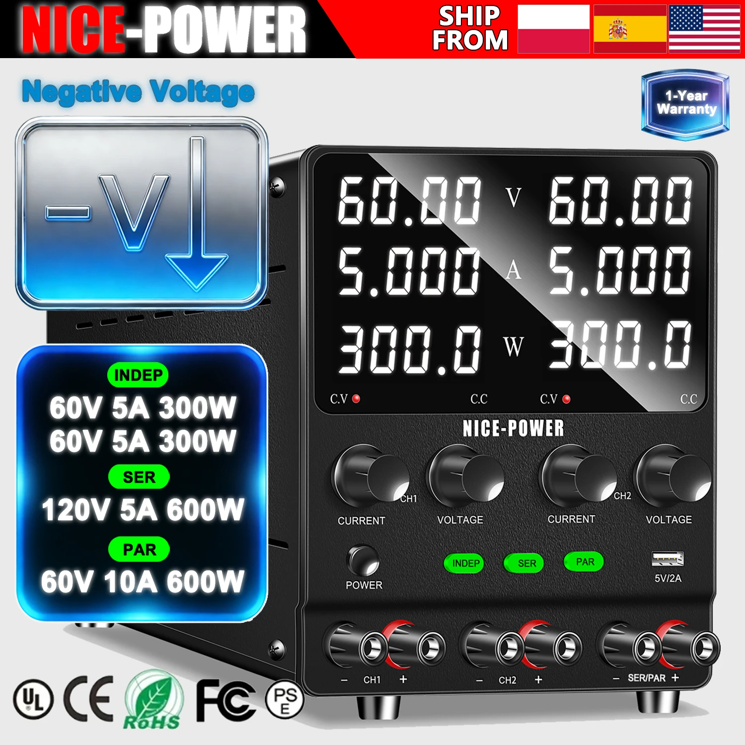 Nice-Power Dual DC Lab Power Supply , High Precision 60V 5A Adjustable Switching Regulated Series (120V 5A) Parallel (60V 10A)
