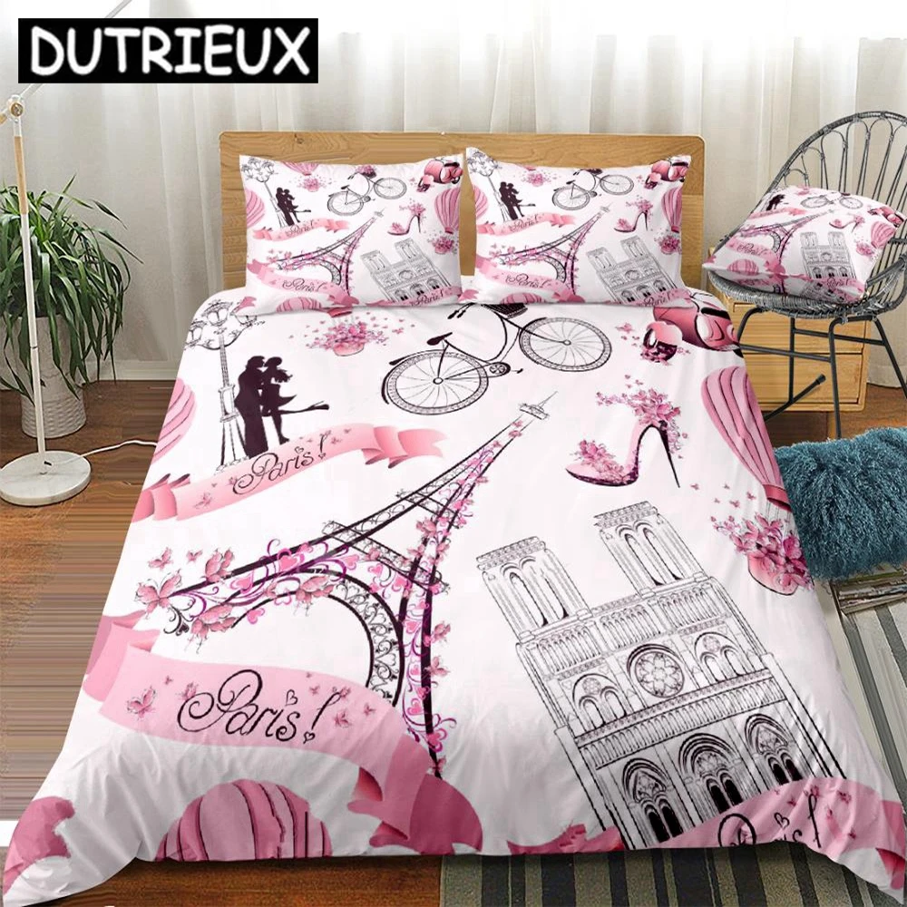 

Eiffel Tower Duvet Cover Set Pink Girls Bedding Set Romantic Paris Bed Linen Girls Lover Home Textiles Couple Bedclothes