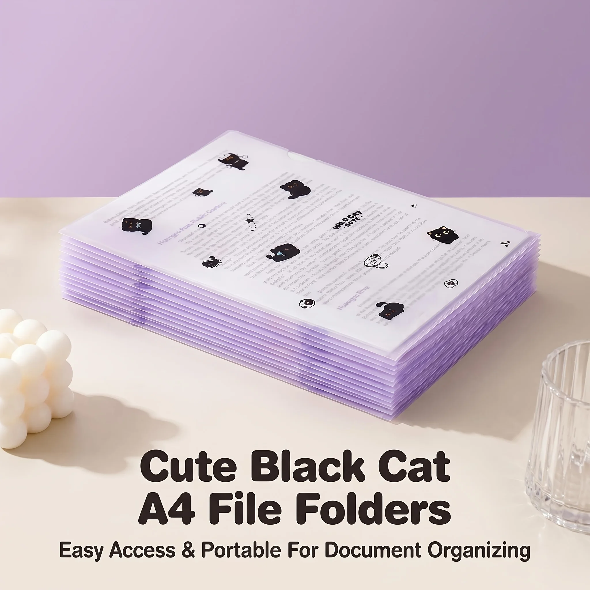 12Pcs Purple A4 L-Shaped Clear Plastic Document Folders Free 6Pcs Cartoon Black Cat Stickers School Office Paper Storage Holder view 5
