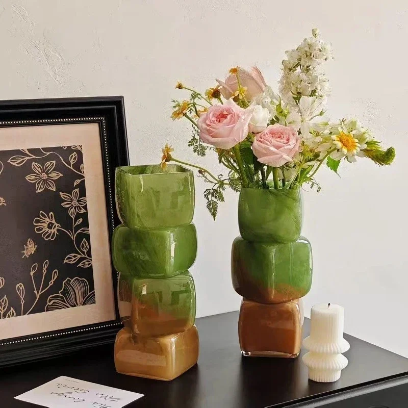 1pc Mid Ancient Style Gradient Color Geometric Square Vase Dining Table Soft Decoration Hotel TV Cabinet Countertop Decoration
