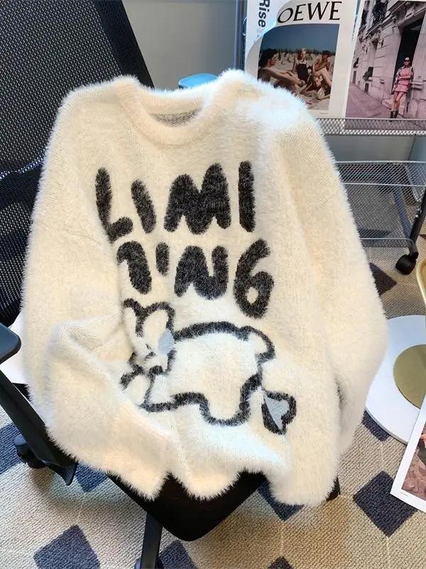 Women's Loose Fit Soft Fluffy Rabbit Fur Knitwear Sweater Brand Button Cartoon Print Long Sve round Ne Warm Thiened Top