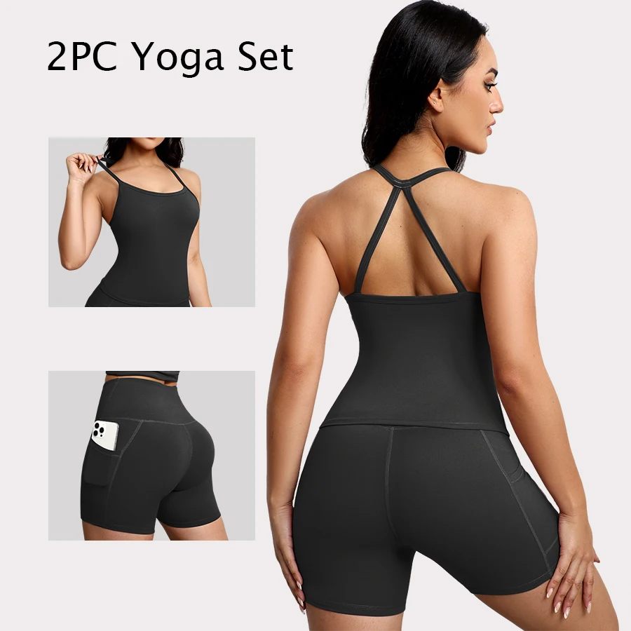 2PCS Yoga Set Padded Sports Bra Tank Top Matching Lifting Shorts with Pocket Workout Outfits Women Tracksuits Casual Sportswear