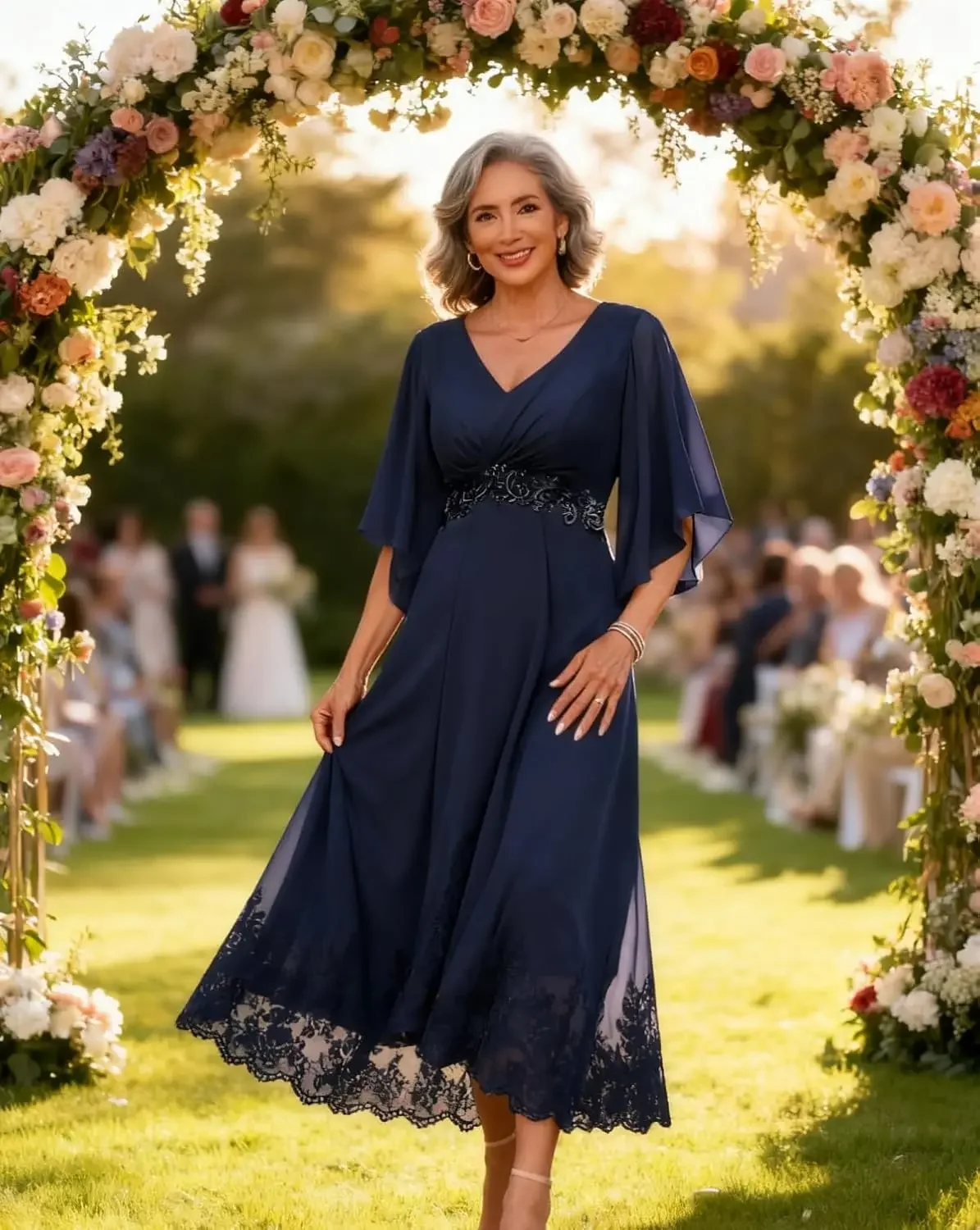 New Arrival Navy Blue Mother of The Bride Dress V-neck Lace Applique Flutter Sleeve Chiffon Tea Length Formal Guest Party Gownst