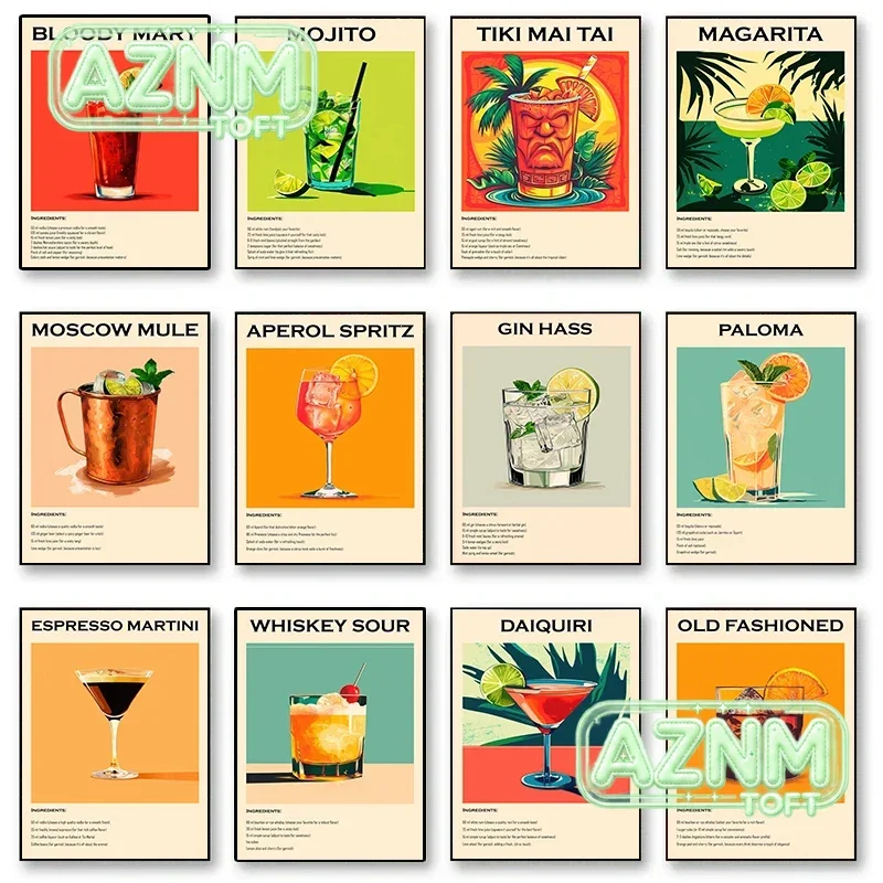 Old Fashioned Cocktail Drinks Negroni Mojito Posters Retro Aperol Spritz Canvas Prints Wall Art Painting Pictures Bar Kitchen