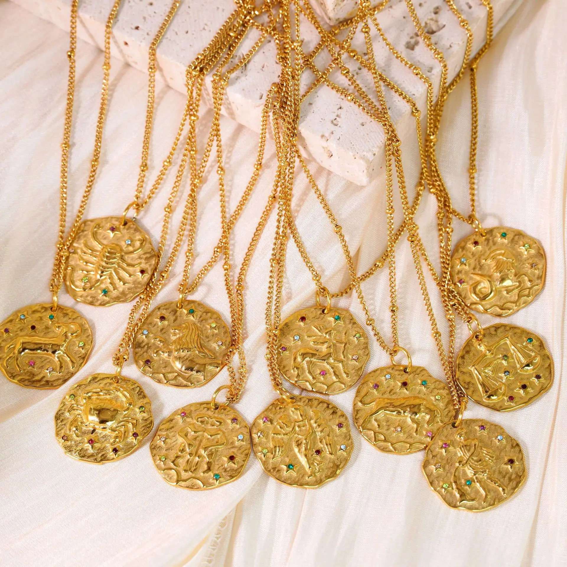 New 12 Zodiac Signs Connector Charms Gold Plated Stainless Steel CZ Micro Pave Con-stellations Pendant for DIY Jewelry Necklace
