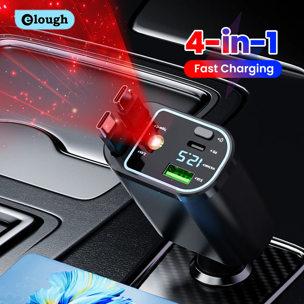 

4 In 1 Car Charger With 2 Retractable Cable For iPhone 17 16 Samsung Fast Charging USB Type C Car Phone Charger With Star Lights