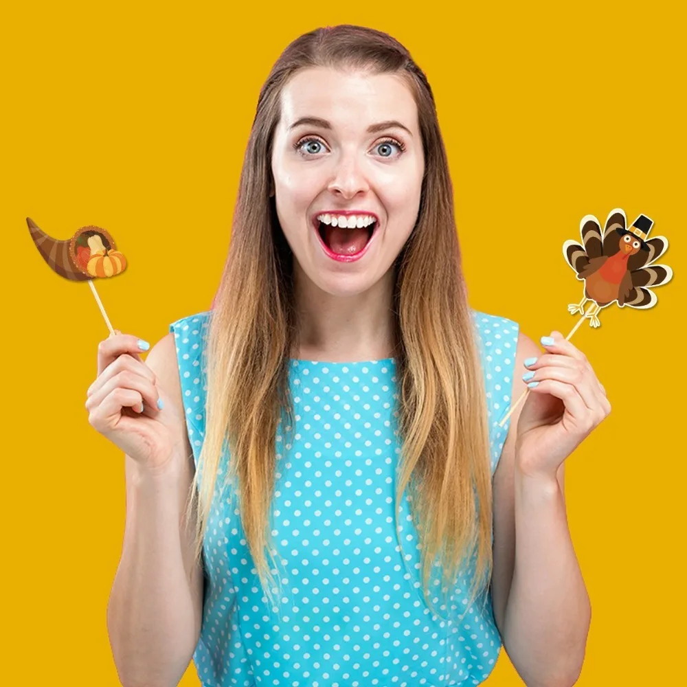 

21pcs Cartoon Thanksgiving Photobooth Prop Glasses Pumpkin Turkey Party Paper Frame Mask Colorful Handheld Frame Prop