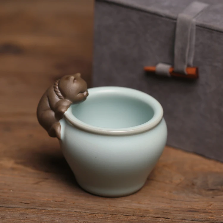 Fatty Run Ru Kiln Cat Jar With Open Slices For Nourishing Owners Tea Cup Thick And Special Home Gift Box