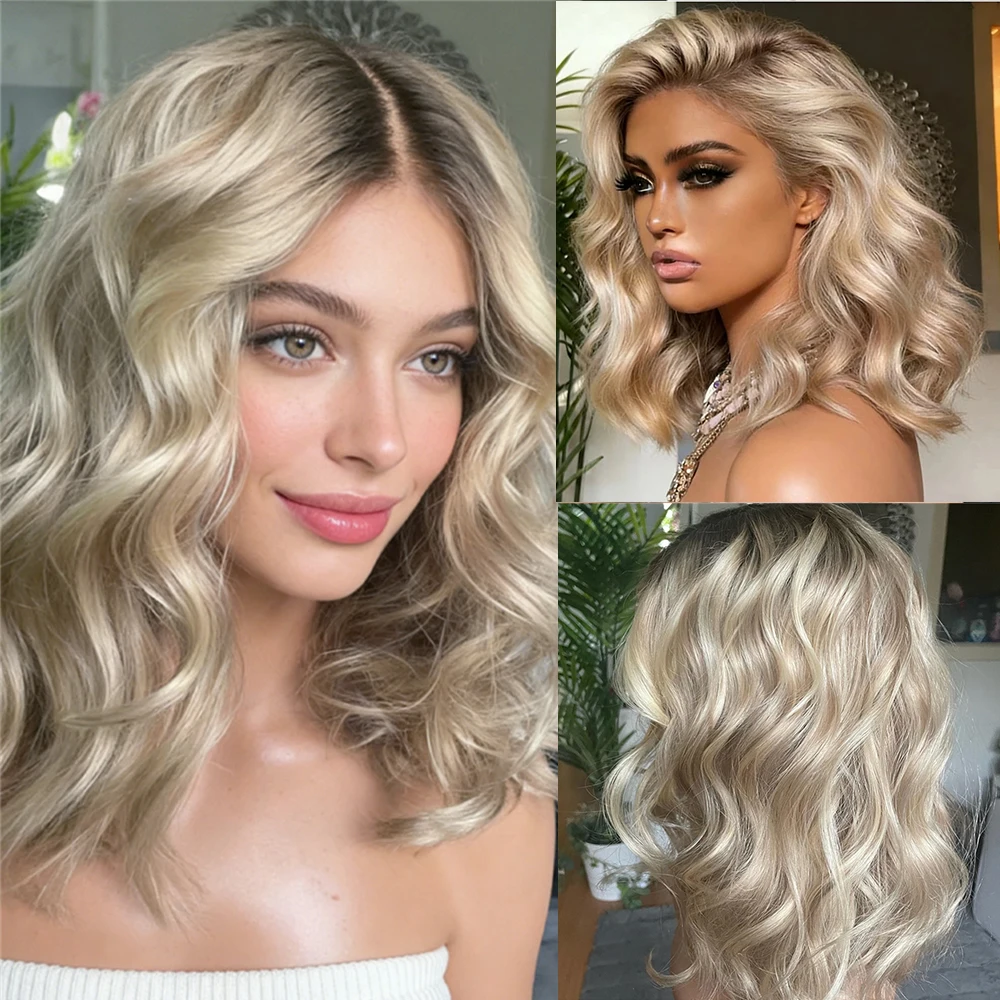 

Icy Platinum Blonde Lace Frontal Wigs 13x4 Short Bob Wig Pre Plucked Loose Deep Wave Synthetic Fibre 5% Human Hair Mixed Wig
