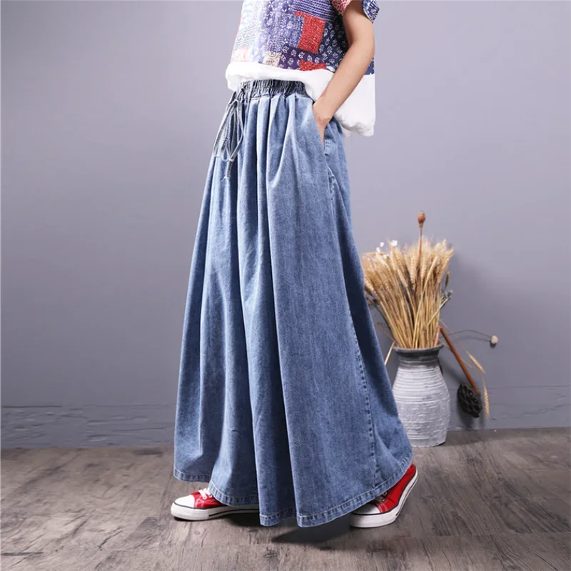 Authentic Casual Denim Wide-Leg Pants for Women, Elegant Mop Jeans, Loose Lace-Up Elastic Waist Jeans, Spring Autumn, New, B370