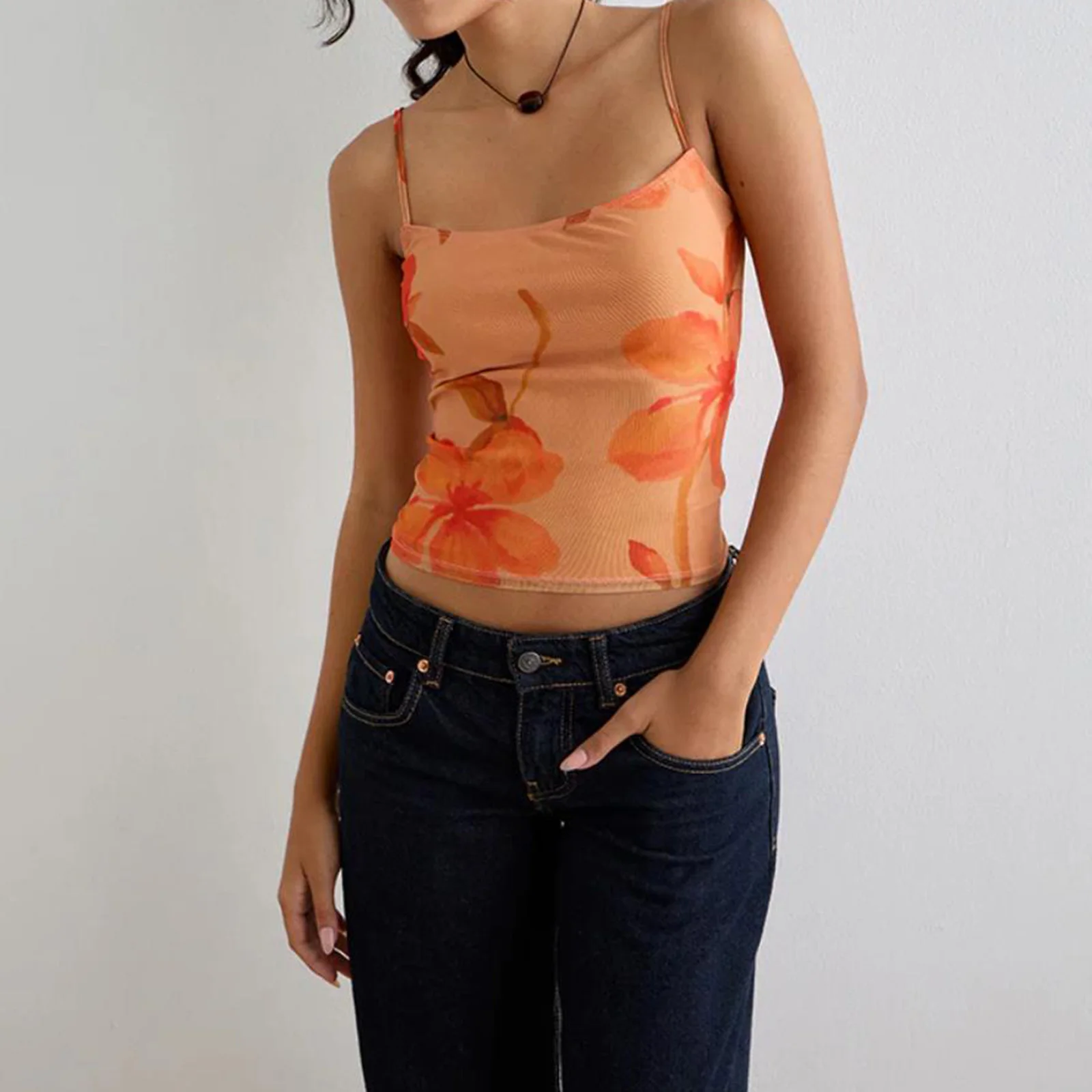 2026 Summer Camisole Slim Vest Sexy Women Sleeveless Open Back orange Tee Tank Tops Female Floral Print Crop Tops Y2k