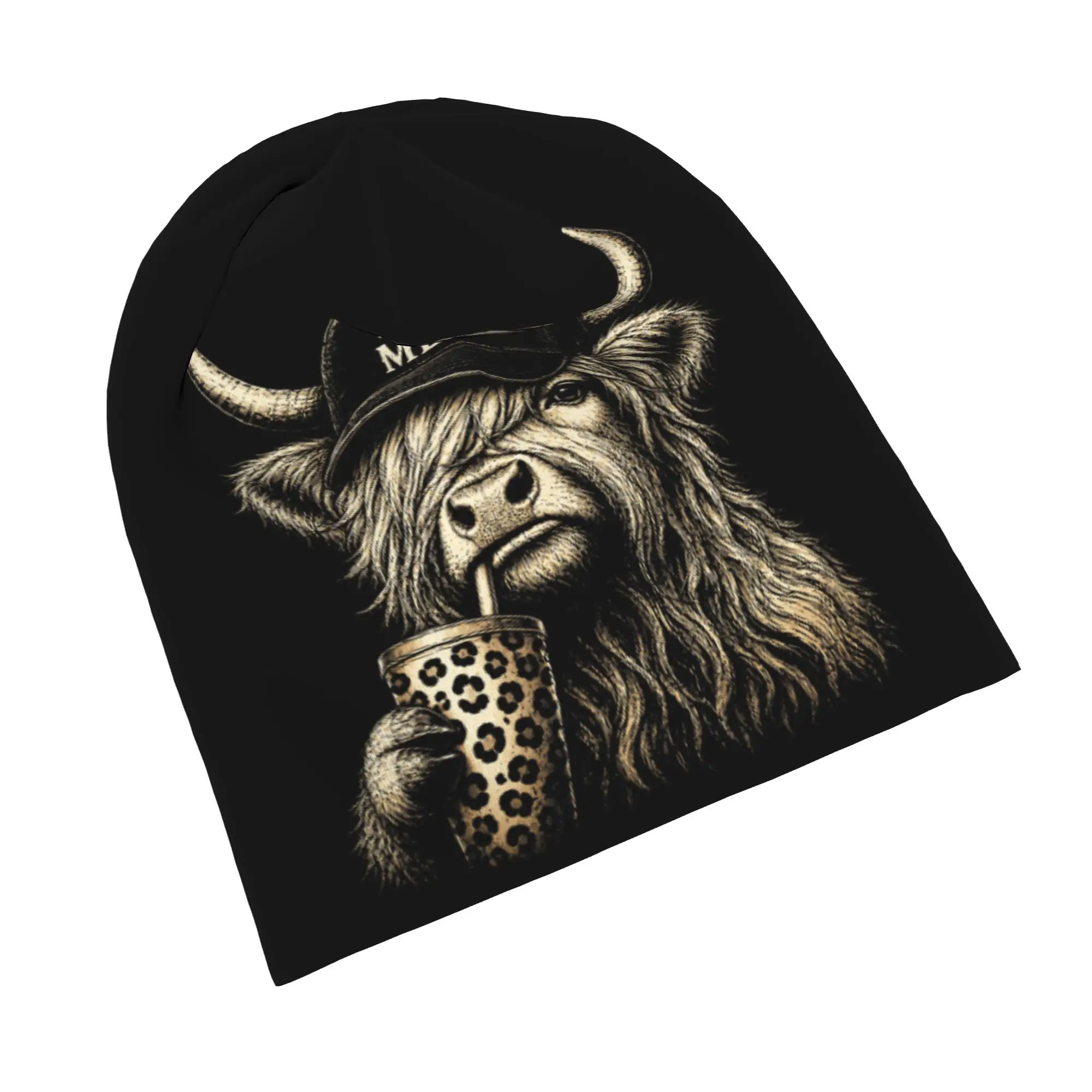 Highland Cow Funny Cute Coffee Lover Bonnet Hats Cool Outdoor Skullies Beanies Hats  Unisex Spring Dual-use Cap