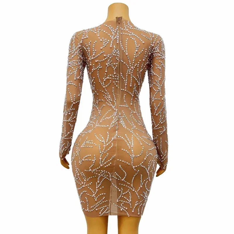 Sexy Perspective Mesh Party Dress Women Pearls Rhinestones Dress Birthday Celebrate Costume Stage Evening Dresses Outfit YY