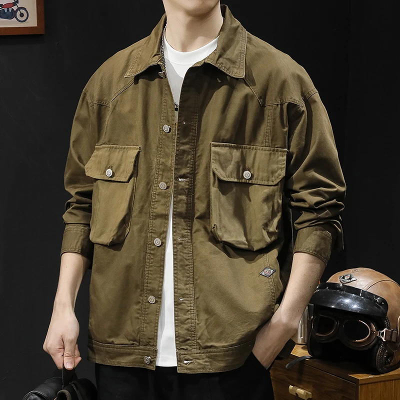 

Мужская джинсовая куртка в стиле ретро, Повседневная Свободная куртка-карго с множеством карманов, в американском стиле, весна-осень