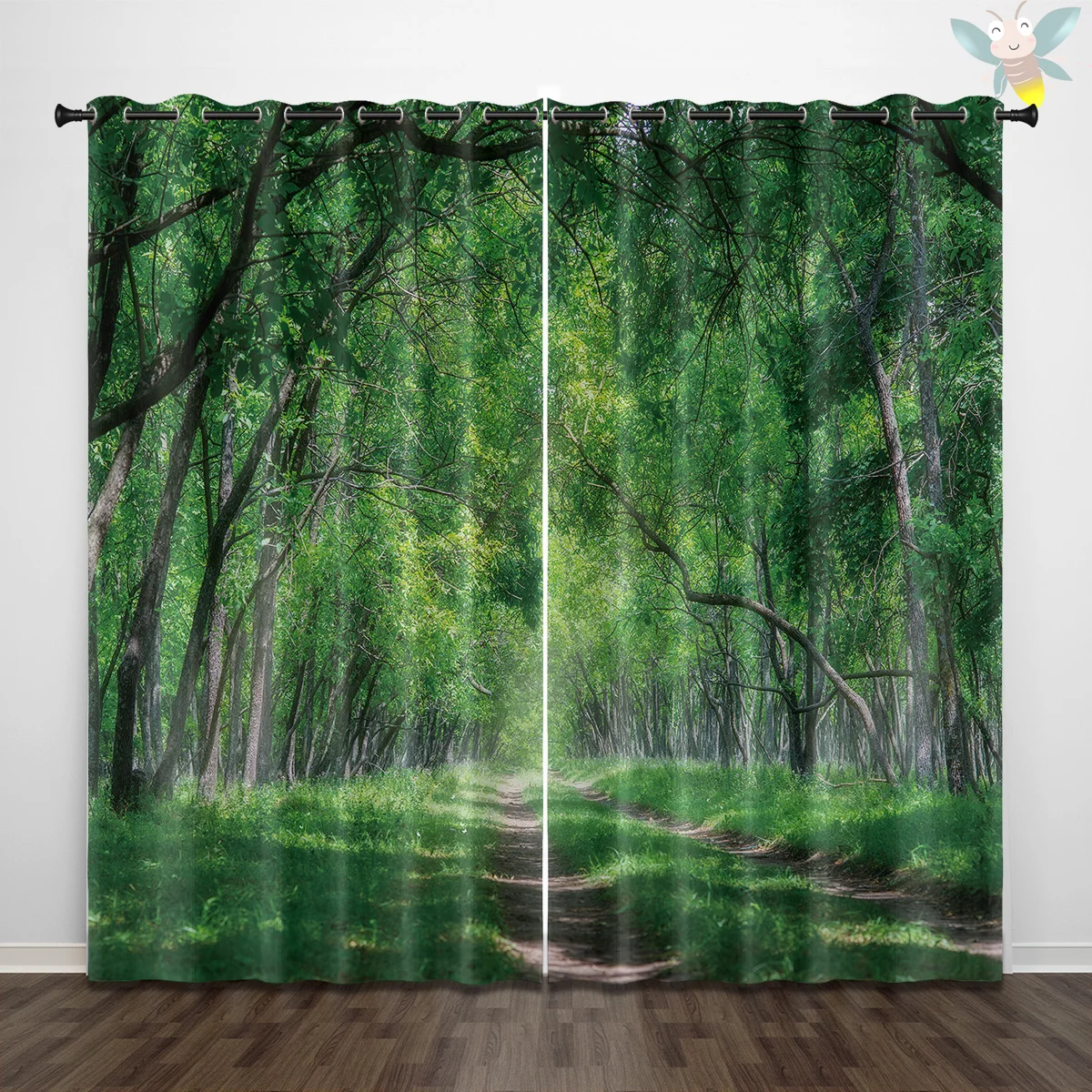 2 pieces of green forest tree pattern printed curtains, natural landscape decoration bedroom living room
