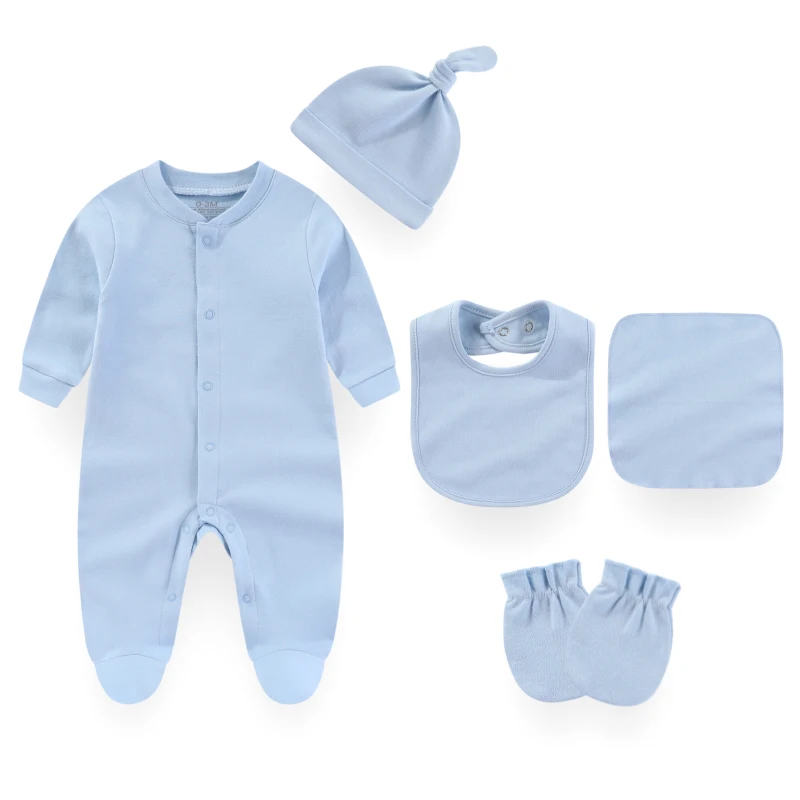 Kiddiezoom 7 Colors Solid Unisex Newborn Baby Girl Clothes Rompers+Burp Cloth+Bib+Hats+Gloves 100%cotton Soft Baby Clothing Sets