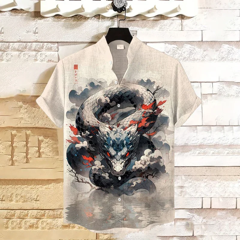 

Hawaiian casual men's short-sleeved shirt handsome dragon men's stand-up collar top large size comfortable daily men's shirt