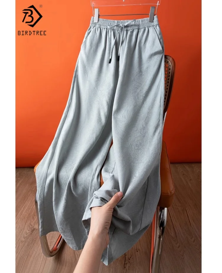

Birdtree Summer 100% Mulberry silk Pocket Pants,Women Jacquard Elastic Waist Solid Straight Wide Leg Pants,2025 New P56507JF