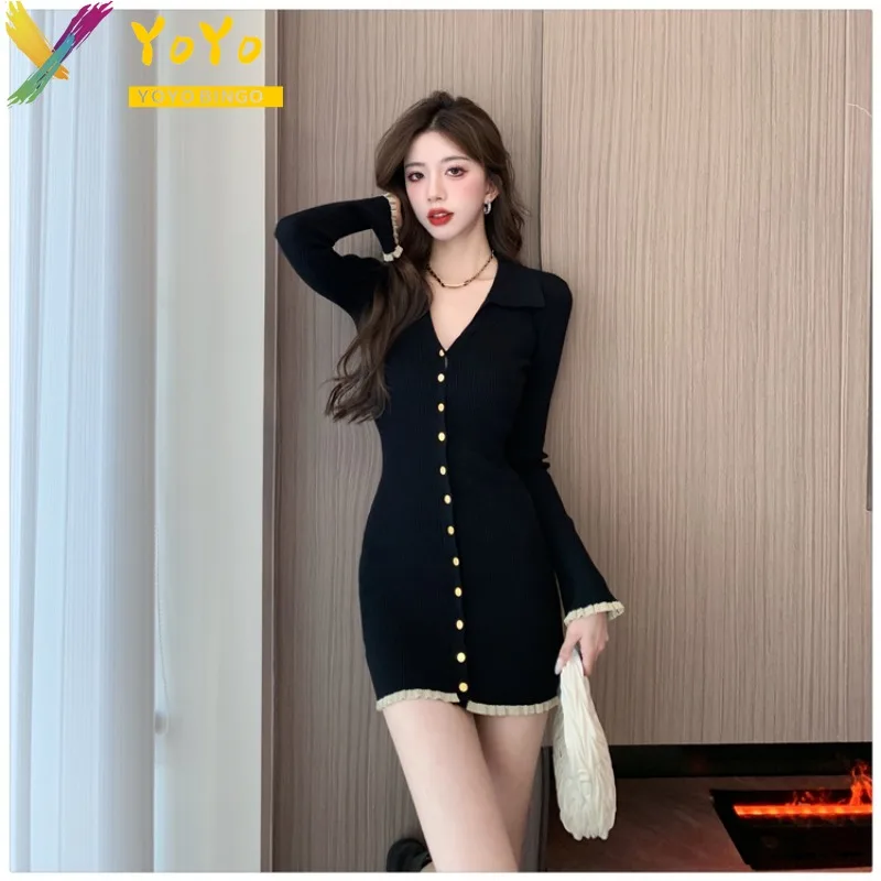 2024 Autumn/Winter Formal Fashion Black Knitted Flared Sleeve V-neck Dress Elegant Elastic Soft Slim Fit Party Sweater Dress