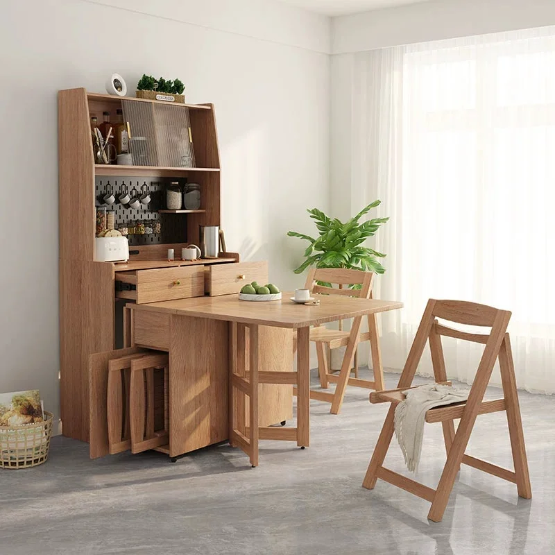 Japanese Folding Sideboard Integrated Extendable Island-style Table with Wheels for Small-sized Rooms Placed Against the Wall