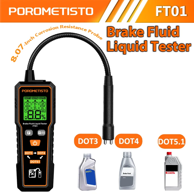 FT01 Digital Brake Fluid Tester DOT3/DOT4/DOT5.1 Auto Car Brake Oil Moisture Detector LCD Backlight Flexible Probe Oil Tester