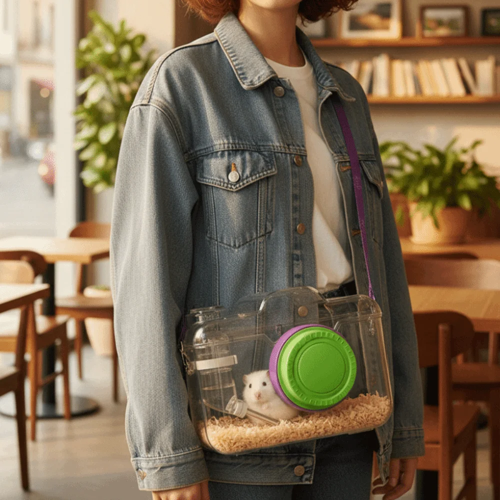 Transparent Hamster Carriers Cage with Water Bottle Ventilated Pet Outgoing Cage Camera Shape Food Bowl Hamster Carry Bag