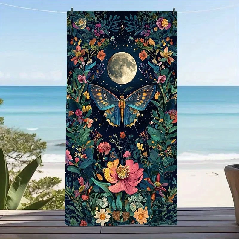 Full Moon Moth Wildflower Dark Starry Print Beach Towel Quick Dry Sand Free Towel Gothic Botanical Summer Vacation Towel