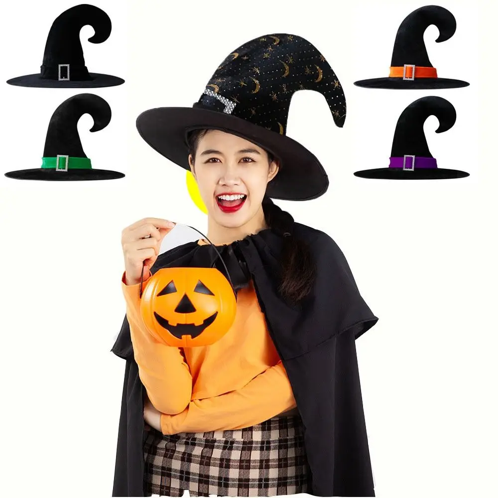 Velvet Halloween Witch Wizard Hat Bending Angle Satin Ribbon Halloween Hat Costume Props Gilding Devil Cap Carnival Party