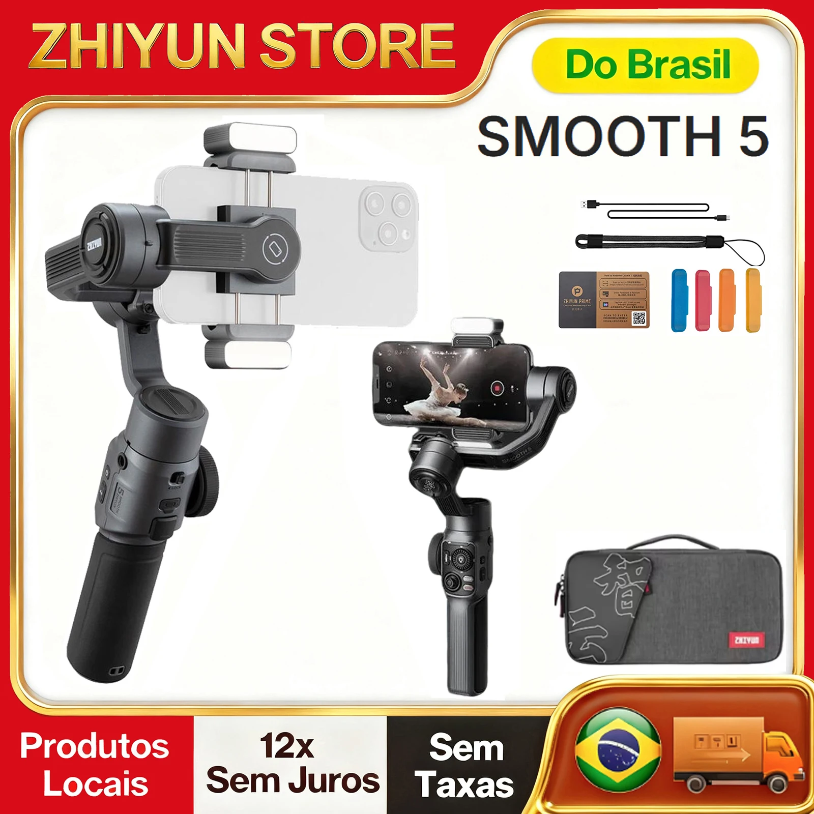 【Do Brasil】ZHIYUN Smooth 5 Gimbal de telefone profissional com luz de preenchimento magnética Rastreamento de objetos para iPhone Android para Vlogging