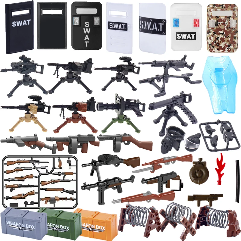 MOC Military Building Blocks Soldier Figure Weapons Box Gun Bullet Chain Bomb Disposal Suit Brick Barricade Shield Gatling X024