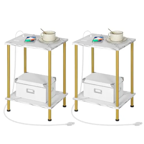 

Прикроватный столик HOOBRO с зарядной станцией, комплект из 2-х прикроватных столиков с USB-портом и розеткой, тумбочка с 2-уровневыми полками для хранения