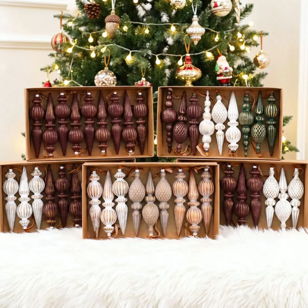 Vintage Christmas Baubles Set Brown Cream Wood Texture Hanging Ornaments Teardrop Shapes Festive Decor Supplies